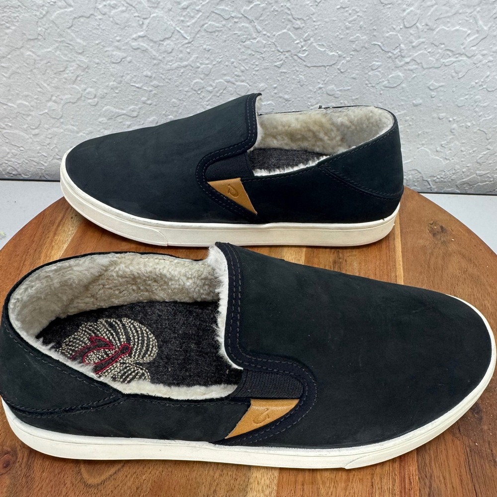 OluKai‎ Pehuea Heu Womens Black Leather Shearling Lined Slip On Shoes W7 - Picture 7 of 8